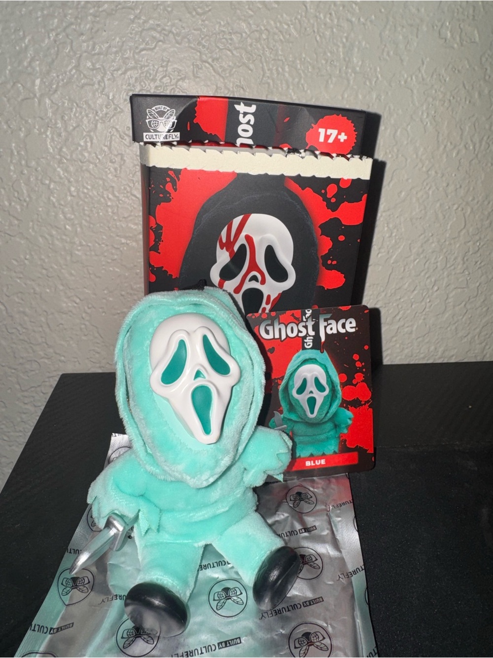 Viral Ghost Face Plush Vinyl Bag Clip Opened *blue*